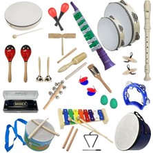 Leaf Shop Örf Aletleri Seti Over Paket-3 Marakas Zil Üçgen Ksilofon Melodika Mızıka Davul Flüt (23 Parça)