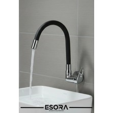 Esora Duvardan Tek Su Çıkışlı - Siyah Spiral Hareketli - Borulu Mutfak Lavabo Bataryası Musluğu Çeşmesi