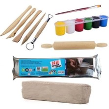 Misda Store Kil Hamuru Set-4, Seramik Hamuru Başlangıç Seti, Ahşap Ebeşuar, Merdane, 1 kg Kil, Boya, Fırça