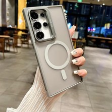 Misda Store Samsung Galaxy S23 Ultra ile Uyumlu Kamera Lens Aparatlı Stand Olabilen Magsafe ile Uyumlu Kamera Korumalı Şeffaf Full Color Magnetic Wireless Telefon Kılıfı (Titanyum, Galaxy S23 Ultra)