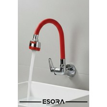 Esora Duvardan Tek Su Çıkışlı Kırmızı 2 Fonksiyonlu Spiral Oynar Borulu Lavabo Mutfak Bataryası