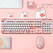 Misda Store Mofii Ayıcık Desenli Kablosuz Renkli Yuvarlak Tuşlu Klavye Mouse SET-AL4258 (Mavi)