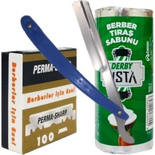 Misda Store Berber Jileti 100'LÜ Paket, Derby Usta 75G Tıraş Sabunu, Ali Bıyıklı Ustura Seti