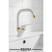 Esora Beyaz Gold Banyo Lavabo Bataryası Çeşmesi Musluğu