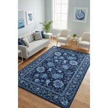 The Reef Design Lacivert Çiçek Desenli Klasik Vintage Halı Dijital Baskı Kaymaz Mavi Dekoratif Eskitme Salon Halısı