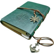 Misda Store Retro Vintage Pusula Baskılı Çapa ve Dümen Kolye Uçlu Deri Kapaklı Günlük Not Defteri Denizci Defter Özel Tasarım Hediyelik Yeşil