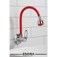 Esora Kırmızı 2 Fonksiyonlu Oynar Borulu Duvardan Tek Su Girişli Lavabo Bataryası Musluğu