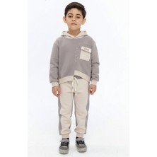 Hype Erkek Çocuk Eşofman Takım Ekru - Gri 1-5 Yaş 7537 Cepli Kapüşonlu Rahat Tasarım