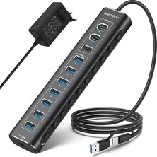 Leaf Shop C 3.2 Hub Aktif Güç Kaynaklı (60W 12/5A), Rshtech 11 Port USB C 3.1 Gen2 Hub 20W Pd, 3 x 10GBPS USB 3.2 (2 x Tip C, 1 x Tip A), 7 * 5gbps USB 3.0, 2'si 1 Arada Kablo, Alüminyum USB Dağıtıcı,