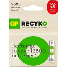 Leaf Shop Batteries Recyko 950MAH Aaa Ince Kalem Ni-Mh Şarjlı Pil, 1.2 Volt, 6'lı Kart