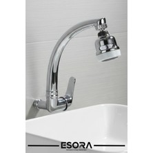 Esora Duvardan Tek Su Girişli Kuğu Borulu Musluk - 3 Fonksiyonlu Hareketli Başlıklı Lavabo Bataryası