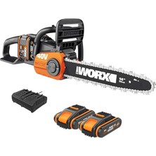 Misda Store 40 V Akülü Zincirli Testere WG384E, 2 x 2,0 Ah, Powershare, Fırçasız Motor, Aletsiz Zincir Germe Sistemi, Hızlı Durdurma Zincir Freni, Çift Şarj Cihazı, 35 cm Çubuk Uzunluğu, 2 x 18 V
