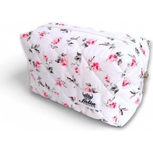 Leaf Shop Çantası | Makeup Bag | Kapitone Bakım Seyahat Kozmetik Çantası (Beyaz-Pembe)