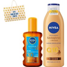 Leaf Shop Güneş Koruyucu Bronzlaştırıcı Vücut Sprey 200ML, SPF30 ve Q10 Sıkılaştırıcı Losyon 200ML, Çanta