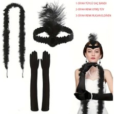 Najmaddin 1920’LER Tarzı Siyah Tüylü Saç Bandı, Rugan Siyah Eldiven ve Siyah Otri̇ş Seti