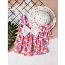 Chicsy Baby Tatlı Kız Bebek Renkli Çiçek Desenli Askılı Elbise ve Şapka Takımı Yazlık Pamuklu Bebek Elbisesi