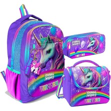 Leaf Shop High Üç Gözlü Ilkokul ve Ortaokul Çanta Seti - Kız Çocuk - Mor Simli Unicorn Desenli