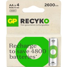 Storemax Defyasell Gp Batteries Recyko 2600 Aa Kalem Ni-Mh Şarjlı Pil, 1.2 Volt, 4'lü Kart