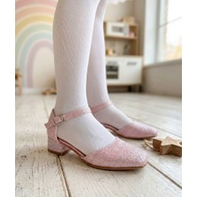 Surpie Shoes Kısa Topuklu Ayakkabı Kız Çocuk İçin Pembe Simli Kalın Tabanlı Şık Tasarım