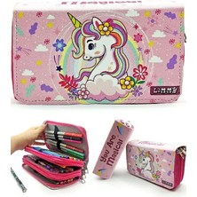 Misda Store Kalem Kutusu Unicorn Bahar Temalı Kawai Organizer Kalemkutu Vegan Deri Üç Bölmeli Kalemlik- Pembe
