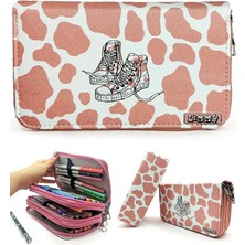 Misda Store Kalem Kutusu Inek Desenli Kawai Organizer Kalemkutu Vegan Deri Üç Bölmeli Kalemlik -Nude(Pembe)