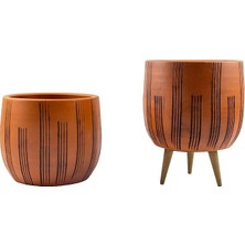 Misda Store Tasarımı Ev Dekorasyon Aksesuar Dik Çizgi Desenli Toprak Saksı Saksılık Salon Çiçeklik Ikili Set Ayaksız - 3 Ayaklı- 19 cm