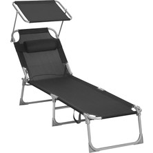 Misda Store GCB192B01 Şezlong, Baş Destekli Rahatlama Şezlongu, Sırtlık ve Güneş Şemsiyesi, Eğilebilir, Hafif, Katlanabilir, 53 x 193 x 29,5 Cm, Taşıma Kapasitesi 150 Kg, Bahçe, Siyah