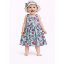 Chicsy Baby Tatlı Kız Bebek Renkli Çiçek Desenli Askılı Elbise ve Şapka Takımı Yazlık Pamuklu Bebek Elbisesi