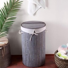 Misda Store El Yapımı Hasır Katlanır Çamaşır Sepeti Yuvarlak 55 Litre (35CM*35CM*61CM), Doğal Malzemeden Üretilmiş Çamaşırlık (Gri)