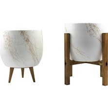 Misda Store Tasarımı Ev Dekorasyon Aksesuar Beyaz Üzeri Gold Mermer Efektli Toprak Saksı Saksılık Salon Çiçeklik Ikili Set 3 Ayaklı- 4 Ayaklı- 19 cm