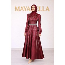 MayaBella Saten Kolları ve Önü Işlemeli Tesettür Abiye
