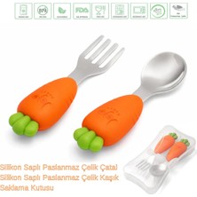 Jojobebek Turuncu Renk Havuç Figürlü Premium Çocuk BPA Free Silikon Sap Paslanmaz Çelik Uçlu Çatal-Kaşık Set ve Saklama Kutusu 9+ Ay