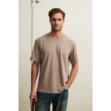 Grimelange Solo Erkek %100 Organik Pamuklu Kalın Dokulu Comfort Fit Bisiklet Yakalı Vizon T-Shirt