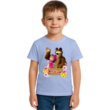 Sedirli Unisex Maşa Koca Ayı Baskılı Çocuk Tişört Pamuklu Penye Kumaş