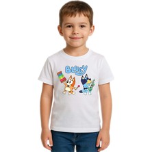 Sedirli Unisex Bluey Baskılı Çocuk Tişört Pamuklu Penye Kumaş