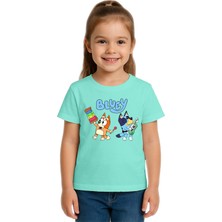 Sedirli Unisex Bluey Baskılı Çocuk Tişört Pamuklu Penye Kumaş