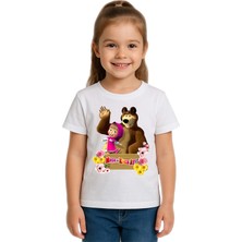 Sedirli Unisex Maşa Koca Ayı Baskılı Çocuk Tişört Pamuklu Penye Kumaş