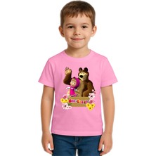 Sedirli Unisex Maşa Koca Ayı Baskılı Çocuk Tişört Pamuklu Penye Kumaş