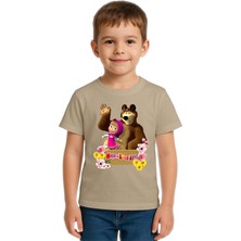 Sedirli Unisex Maşa Koca Ayı Baskılı Çocuk Tişört Pamuklu Penye Kumaş