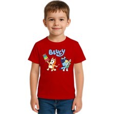 Sedirli Unisex Bluey Baskılı Çocuk Tişört Pamuklu Penye Kumaş