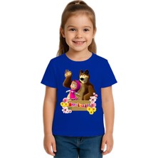 Sedirli Unisex Maşa Koca Ayı Baskılı Çocuk Tişört Pamuklu Penye Kumaş