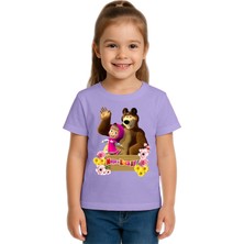 Sedirli Unisex Maşa Koca Ayı Baskılı Çocuk Tişört Pamuklu Penye Kumaş