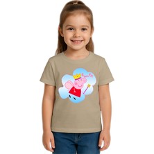 Sedirli Unisex Peppa Pig Baskılı Çocuk Tişört Pamuklu Penye Kumaş