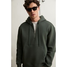 Grimelange JUSTUS Erkek Kapüşonlu Kanguru Cepli Fermuar Yakalı Yeşil Sweatshirt