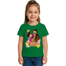 Sedirli Unisex Maşa Koca Ayı Baskılı Çocuk Tişört Pamuklu Penye Kumaş