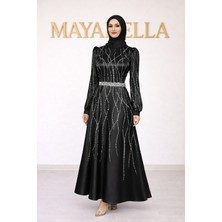 MayaBella Saten Kolları ve Önü Işlemeli Tesettür Abiye