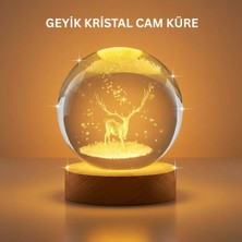 Ronanna 3D Geyik Desenli Kristal Küre USB Işıklı Ahşap Tabanlı Oda Lambası