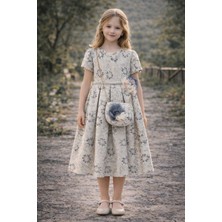 Tarz Çocuk Kız Çocuk Çantalı Çiçek Desenli Özel Gün Elbisesi 4-8 Yaş - Krem Mavi Desenli Prenses Model Elbise