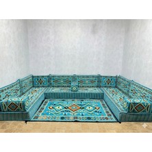 Coton Şark Köşesi Anadolu Desenli 20 cm Yüksekliğinde Minder, Kilim, Heybe Çanta Takımı Konsept Turkuaz 15 Parça
