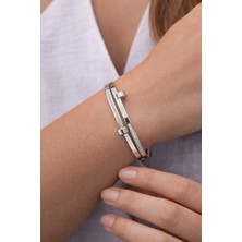 Çift Sıra Taşlı Modern Kadın Kelepçe Bileklik – Gümüş Renk